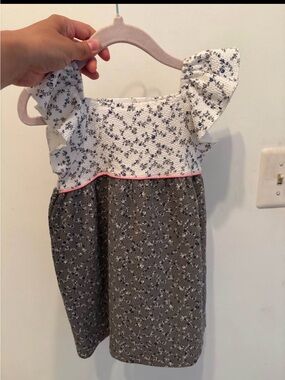 Zara Ivory Textured Floral Dress with Navy Print and Pink Trim